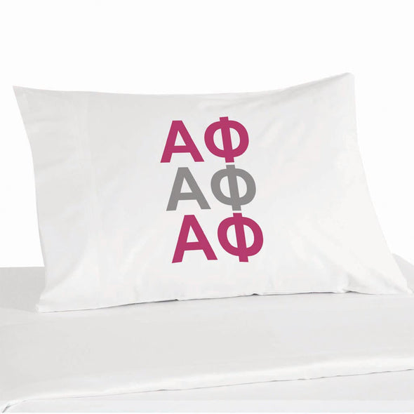 Alpha Phi sorority letters custom printed in sorority colors on pillowcase.