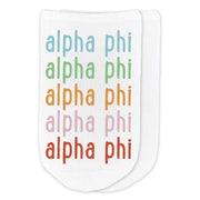 Alpha Phi custom printed rainbow sorority name no show socks.