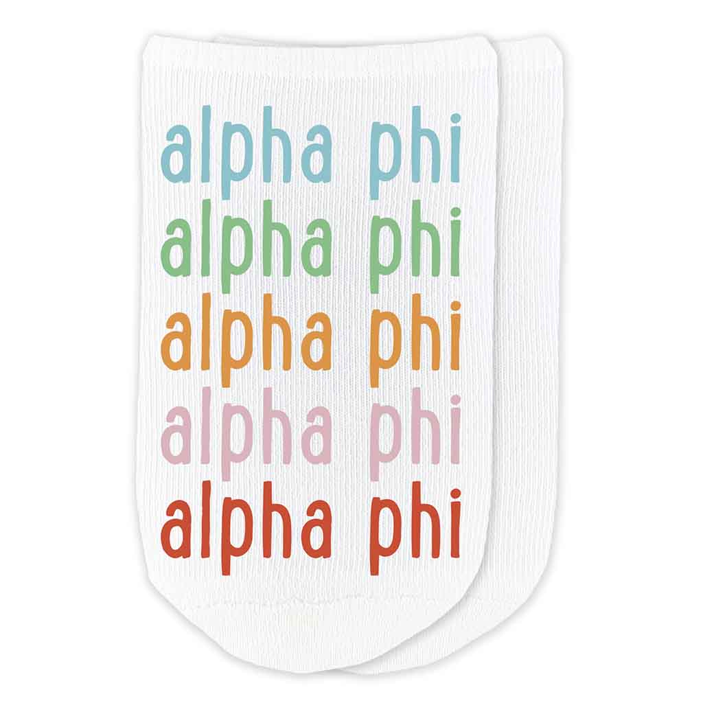 Alpha Phi custom printed rainbow sorority name no show socks.