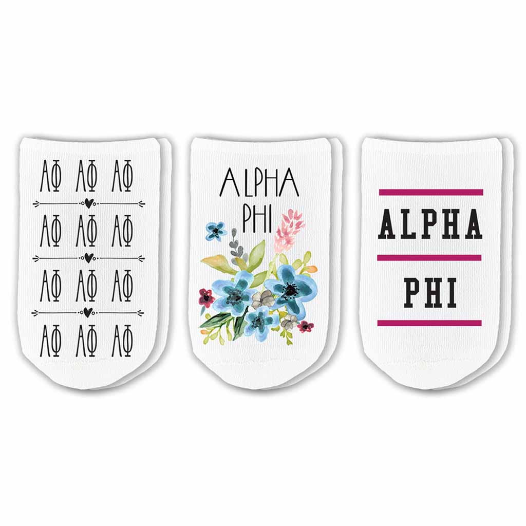 Alpha Phi sorority footie no show socks with Greek letters and sorority floral design sold as a 3 pair gift set.