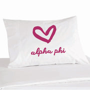 Alpha Phi sorority name with heart design custom printed on pillowcase.