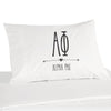 Alpha Phi sorority name and letters custom printed on white cotton pillowcase