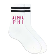 Alpha Phi sorority name custom printed in sorority colors on black striped crew socks.