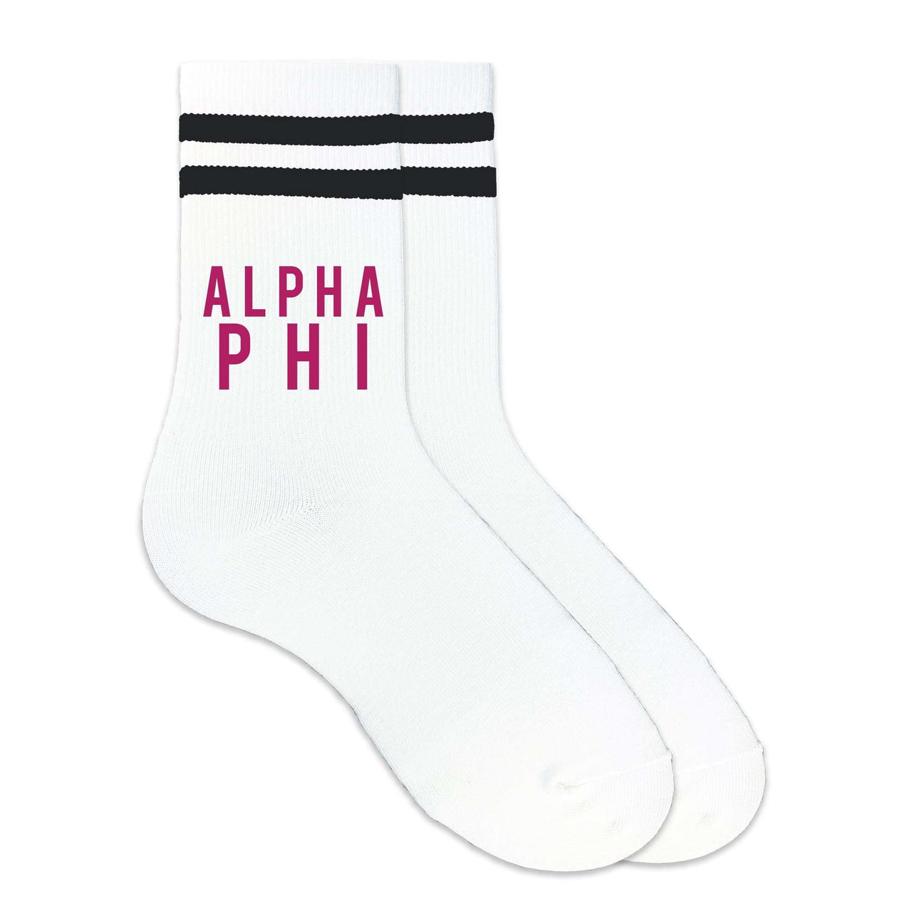 Alpha Phi sorority name custom printed in sorority colors on black striped crew socks.