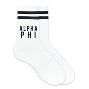 Alpha Phi sorority name custom printed on black striped crew socks.