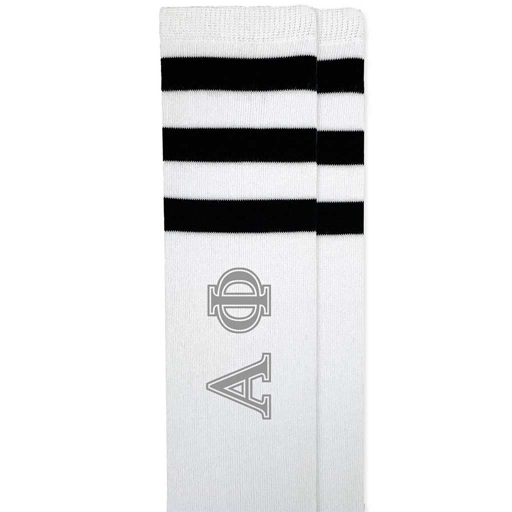 Alpha Phi sorority letters custom printed on black striped knee high socks.