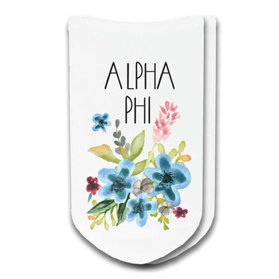 Alpha Phi sorority name with watercolor floral design custom printed on white cotton no show socks