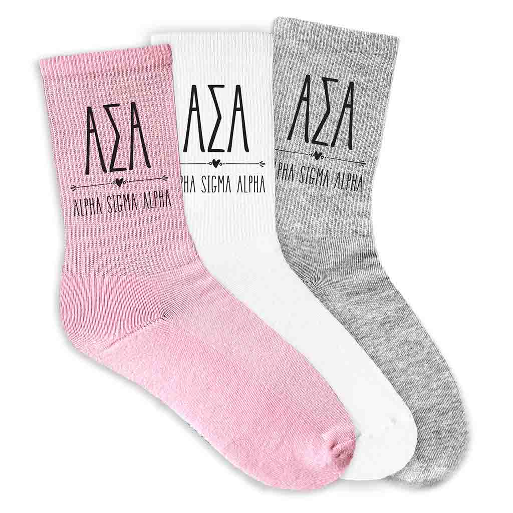 Alpha Sigma Alpha sorority letters and name in boho style design digitally printed on crew socks.