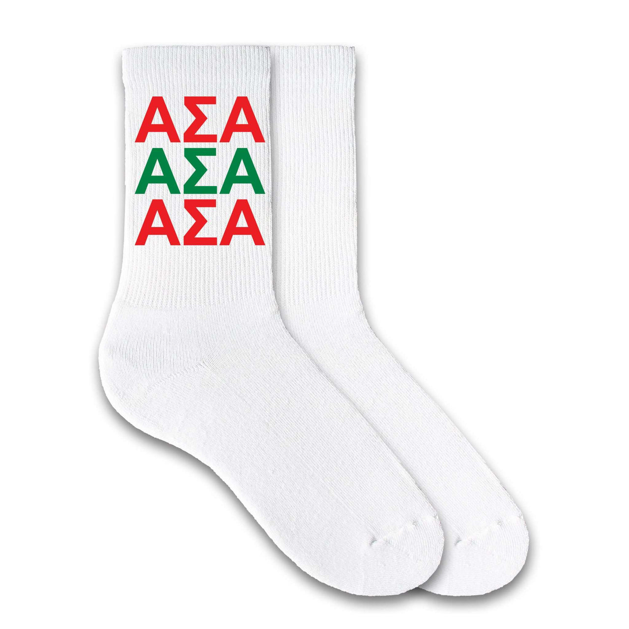 ASA sorority letters custom printed in repeating patters on white cotton crew socks