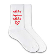 Alpha Sigma Alpha sorority name and heart design custom printed on white cotton crew socks