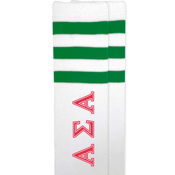 Alpha Sigma Alpha sorority custom printed in pink on cotton green striped knee high socks