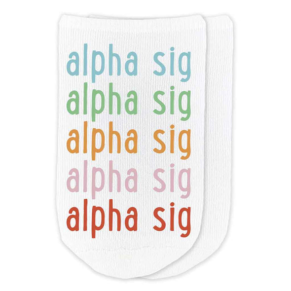 Alpha Sigma Alpha sorority name digitally printed in rainbow letters on comfy cotton no show socks