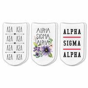 Alpha Sigma Alpha sorority footie no show socks with Greek letters and sorority floral design sold as a 3 pair gift set