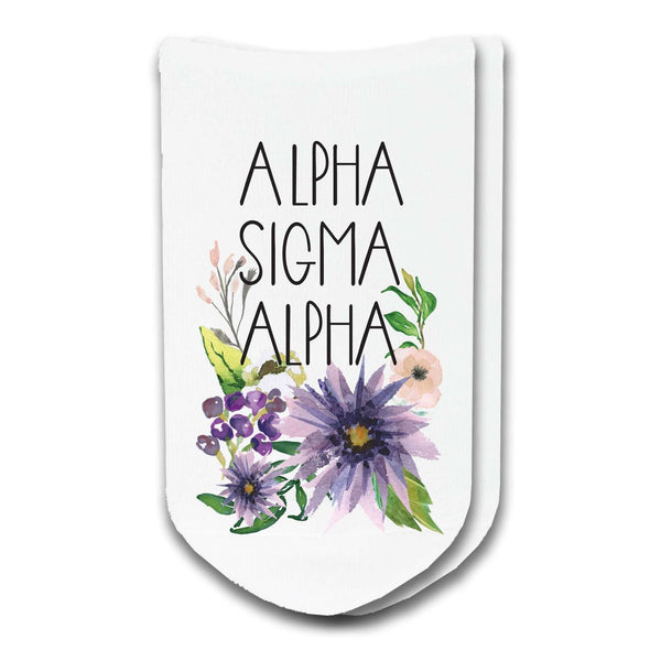 Alpha Sigma Alpha sorority name watercolor floral design custom printed on no show socks