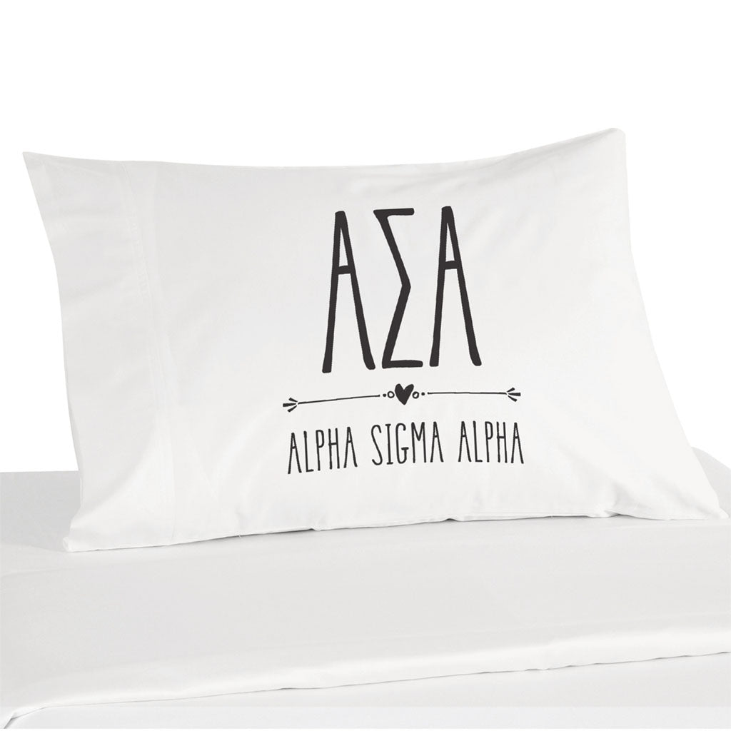 Alpha Sigma Alpha sorority name and letters custom printed on white cotton pillowcase
