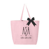 Alpha Sigma Alpha sorority name and letters custom printed on pink canvas tote bag with bow