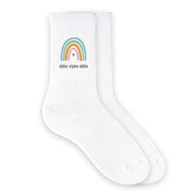 Custom printed alpha sigma alpha sorority crew socks with rainbow design.