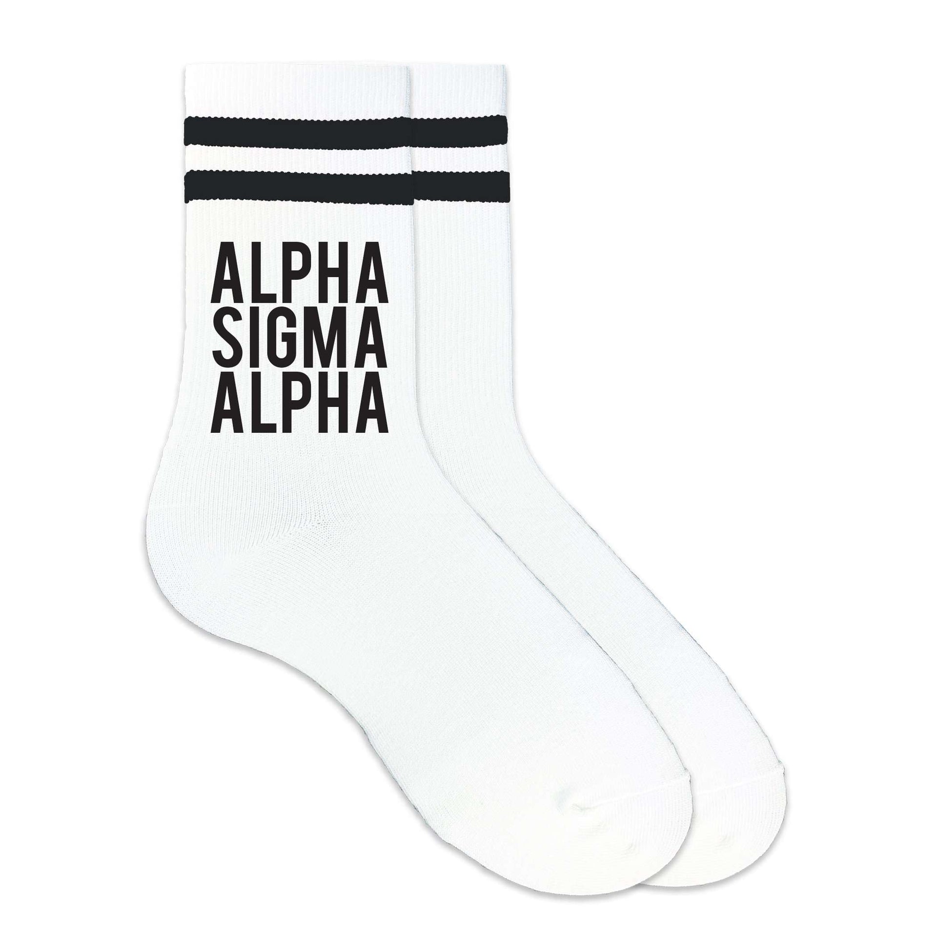 Alpha Sigma Alpha sorority name custom printed on black striped crew socks