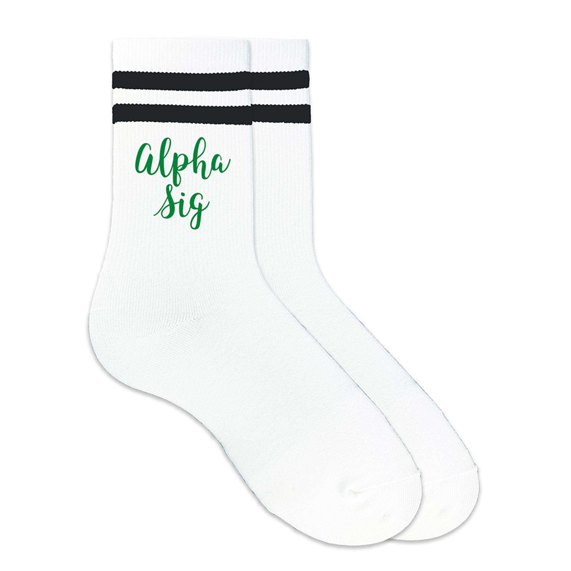 Alpha Sig sorority nickname custom printed on striped crew socks