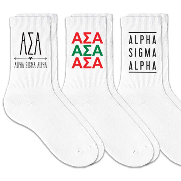 Alpha Sigma Alpha sorority crew socks with sorority name and Greek letters sold as a 3 pair gift set