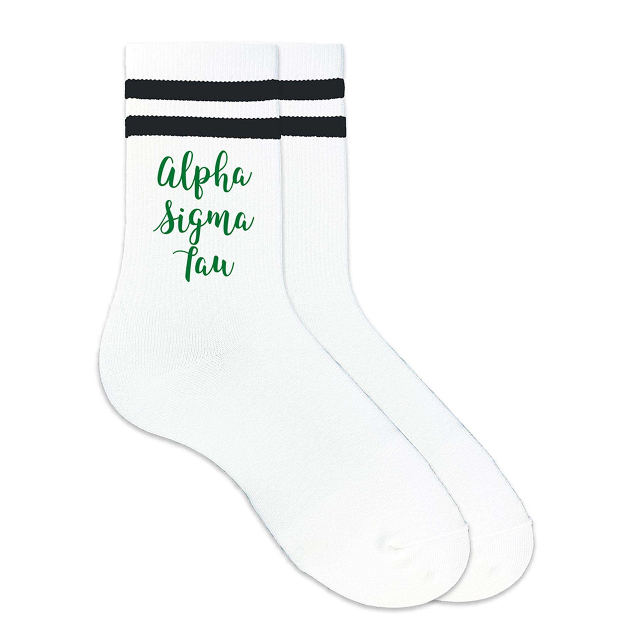 Alpha Sigma Tau sorority name custom printed on black striped crew socks