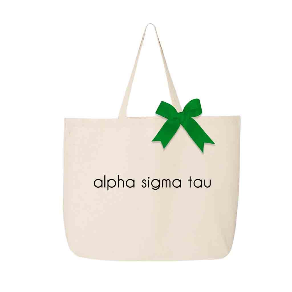 Alpha Sigma Tau sorority name custom printed on canvas tote bag with bow