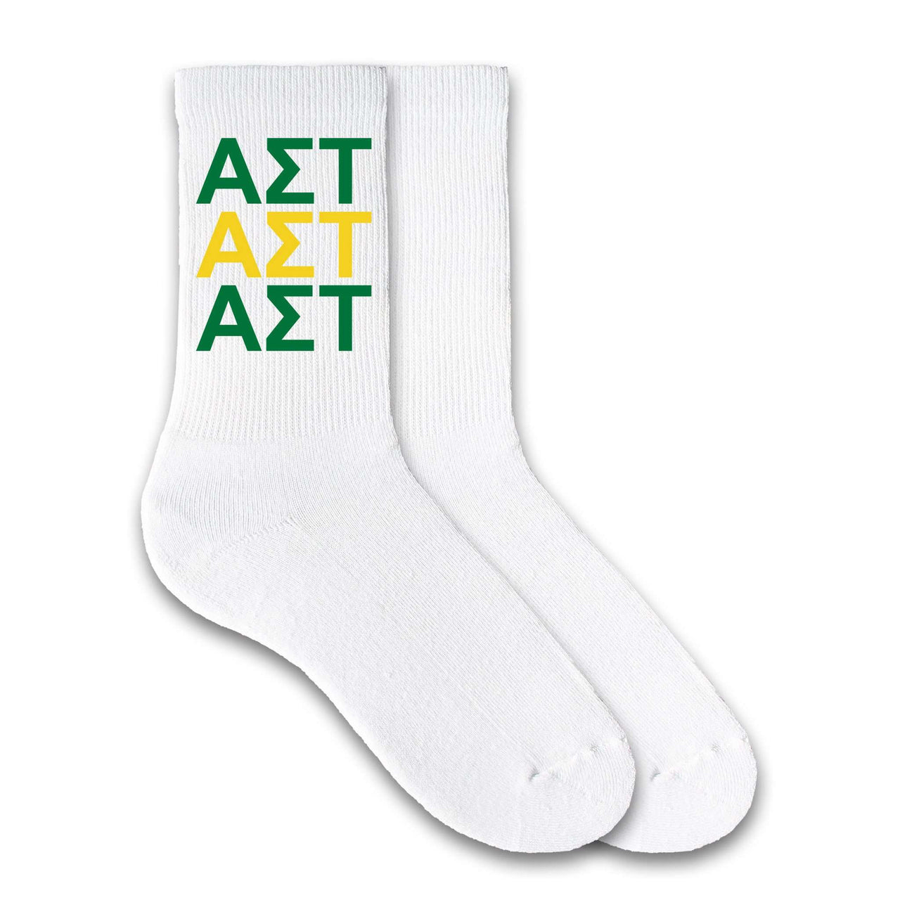 Alpha Sigma Tau sorority letters custom printed on white cotton crew socks