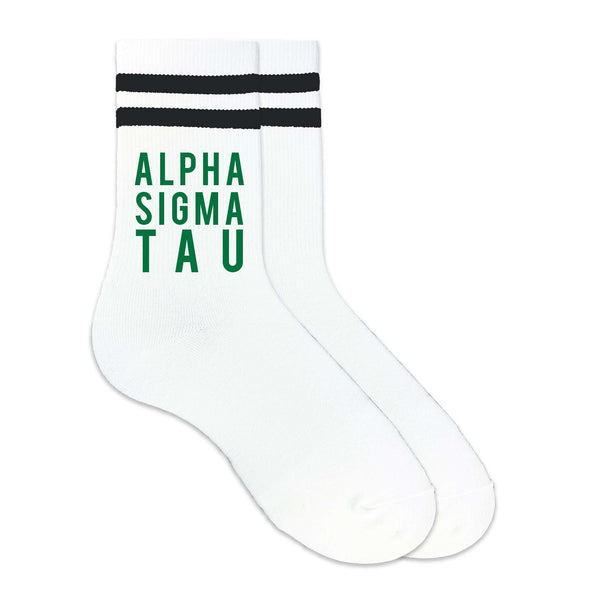 Alpha Sigma Tau sorority name custom printed in sorority color on black striped crew socks
