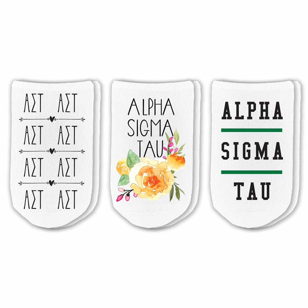 Alpha Sigma Tau sorority footie socks with sorority name, Greek letters and sorority floral design sold as a 3 pair gift set