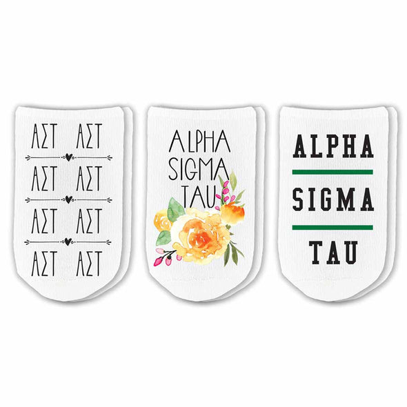 Alpha Sigma Tau sorority footie socks with sorority name, Greek letters and sorority floral design sold as a 3 pair gift set