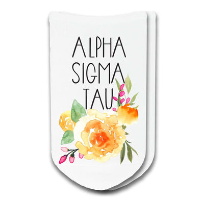 Alpha Sigma Tau sorority name watercolor floral design custom printed on no show socks