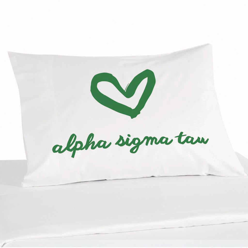 Alpha Sigma Tau sorority name and heart design custom printed on pillowcase