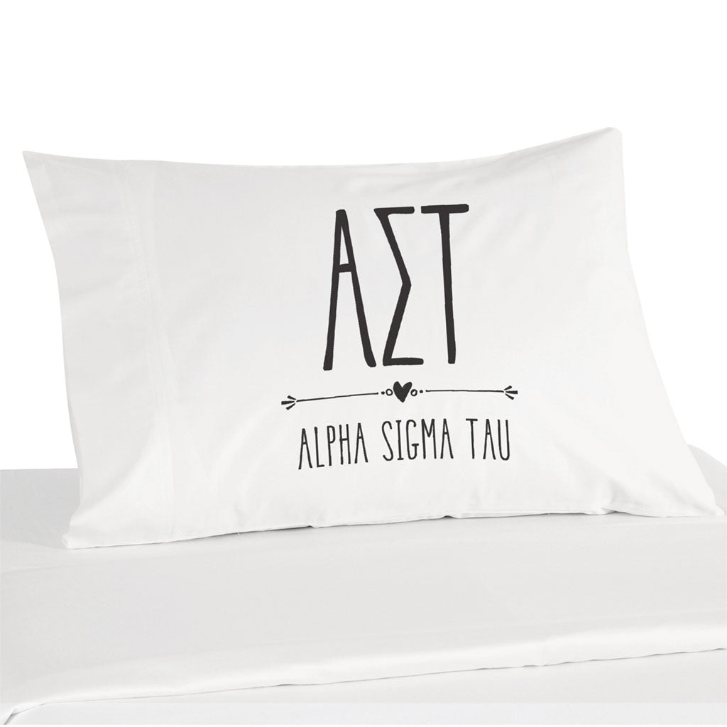 Alpha Sigma Tau sorority name and letters custom printed on white cotton pillowcase