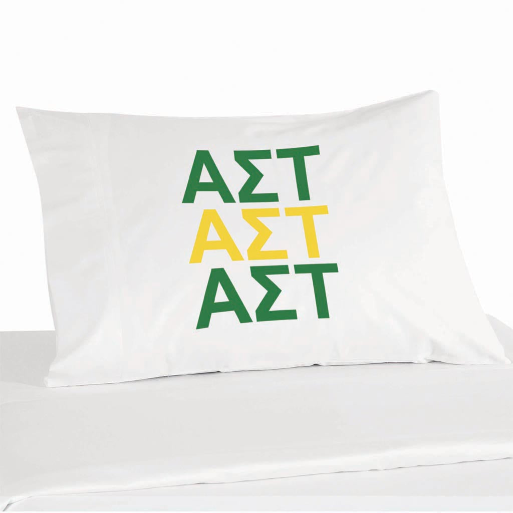 Alpha Sigma Tau sorority letters custom printed in sorority colors on pillowcase