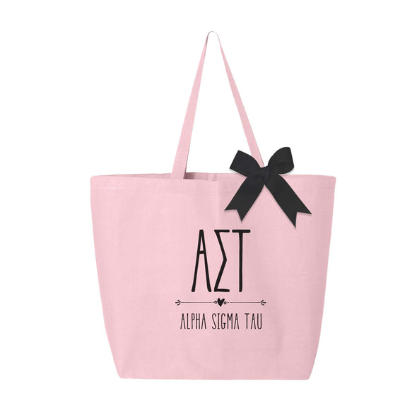 Alpha Sigma Tau sorority name and letters custom printed on pink canvas tote bag with black bow