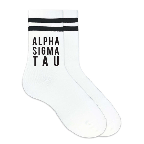 Alpha Sigma Tau sorority name custom printed on black striped crew socks