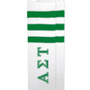 Alpha Sigma Tau sorority letters custom printed in green on cotton green striped knee high socks