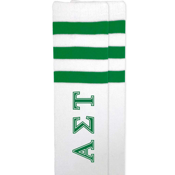 Alpha Sigma Tau sorority letters custom printed in green on cotton green striped knee high socks