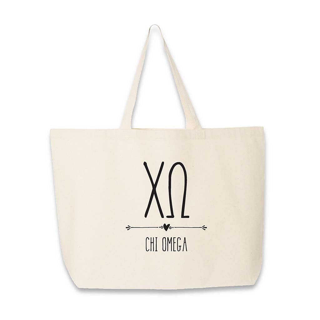 Chi Omega sorority name and letters heart design digitally printed on canvas tote bag.