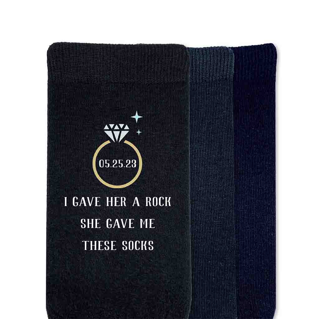 Funny personalized wedding day socks for the groom custom printed and personalized with your wedding date.