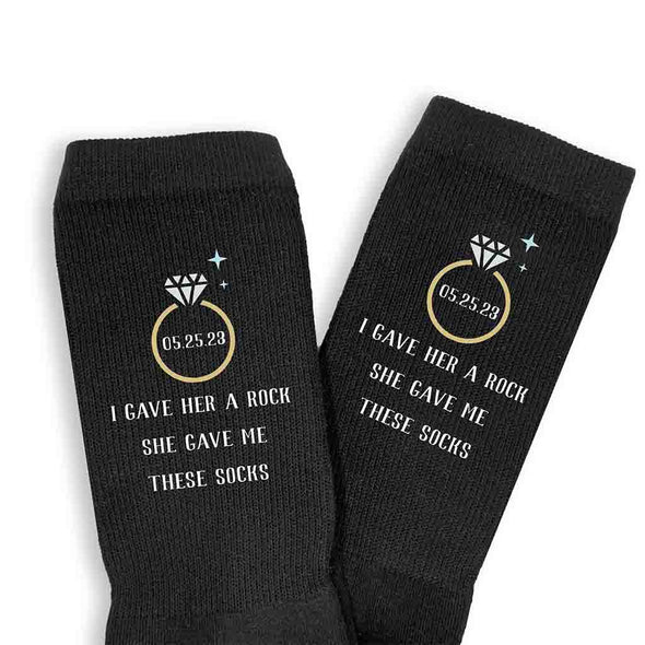Funny personalized wedding day socks for the groom custom printed and personalized with your wedding date.