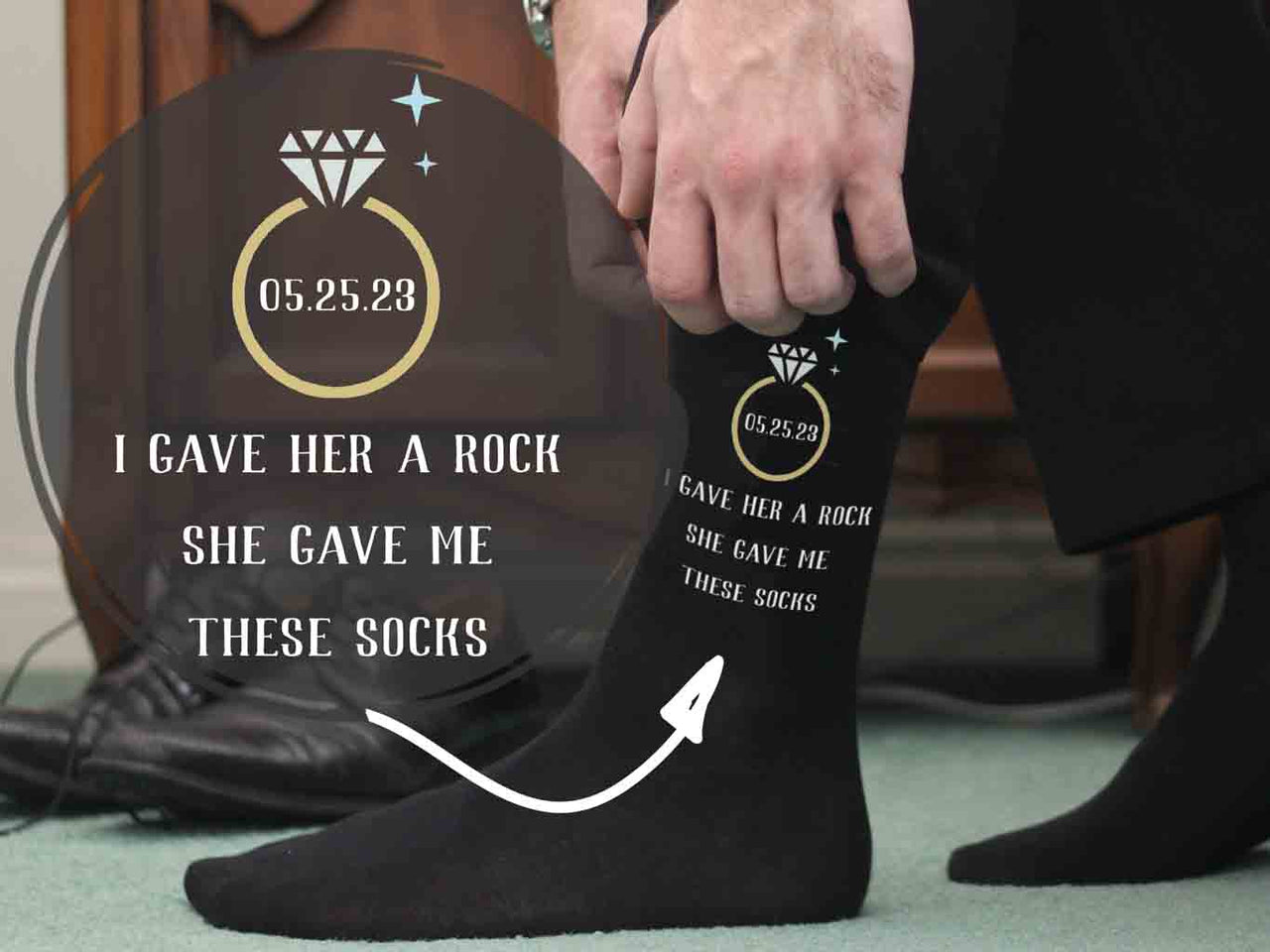 Funny personalized wedding day socks for the groom custom printed and personalized with your wedding date.