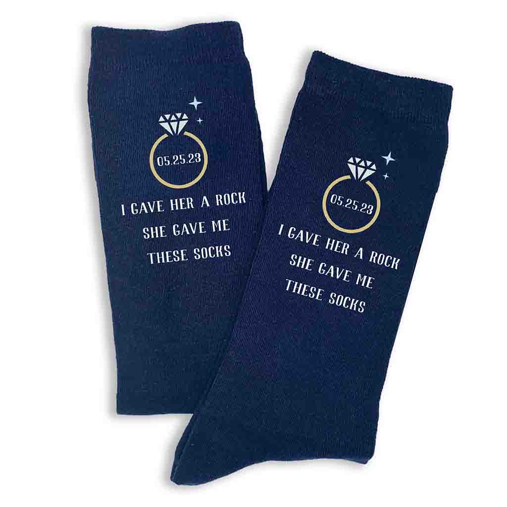 Funny personalized wedding day socks for the groom custom printed and personalized with your wedding date.