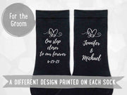One step closer to my forever custom printed with your names and wedding date digitally printed on the side of the socks.