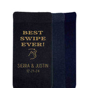 Best swipe ever design custom printed and personalized with your names and wedding date make these socks the perfect accessory on your wedding day.