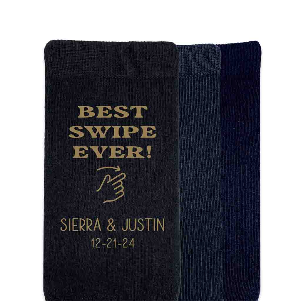 Best swipe ever design custom printed and personalized with your names and wedding date make these socks the perfect accessory on your wedding day.