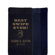 Best swipe ever design custom printed and personalized with your names and wedding date make these socks the perfect accessory on your wedding day.