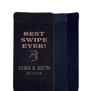 These original wedding socks with a  swipe right design digitally printed on the side make this a unique gift for your groom on your special day. 