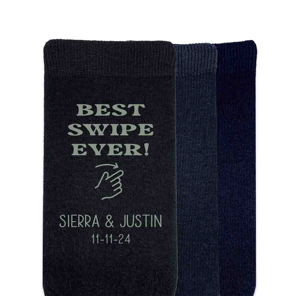 Best swipe ever design custom printed and personalized with your names and wedding date make these socks the perfect accessory on your wedding day.