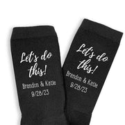 Personalized wedding day socks custom printed for the groom personalized with your names and wedding date digitally printed on the side of the socks.